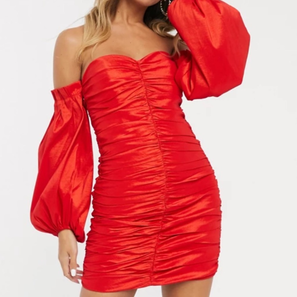 Bardot puff sleeve off shoulder dress